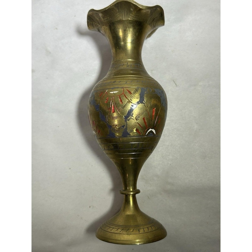 Vintage Brass Etched Bud Vase Fluted Rim Pedestal Base - India 6" Tall Collect